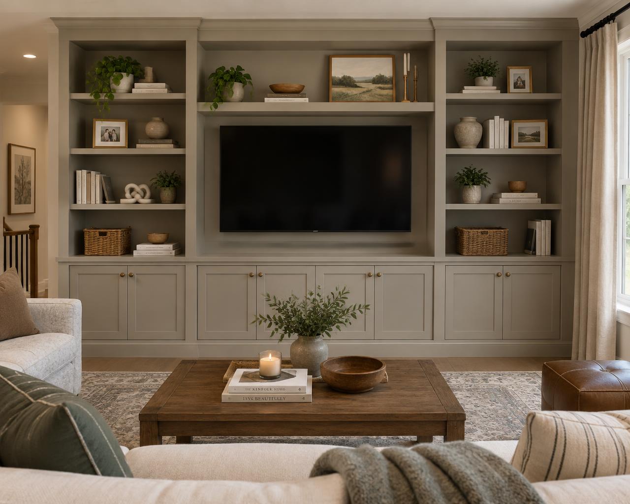 Painted built-in entertainment center with open shelves around a TV