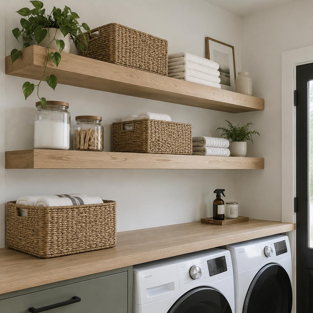 Two thick oak floating shelves holding baskets and towels above a laundry counter