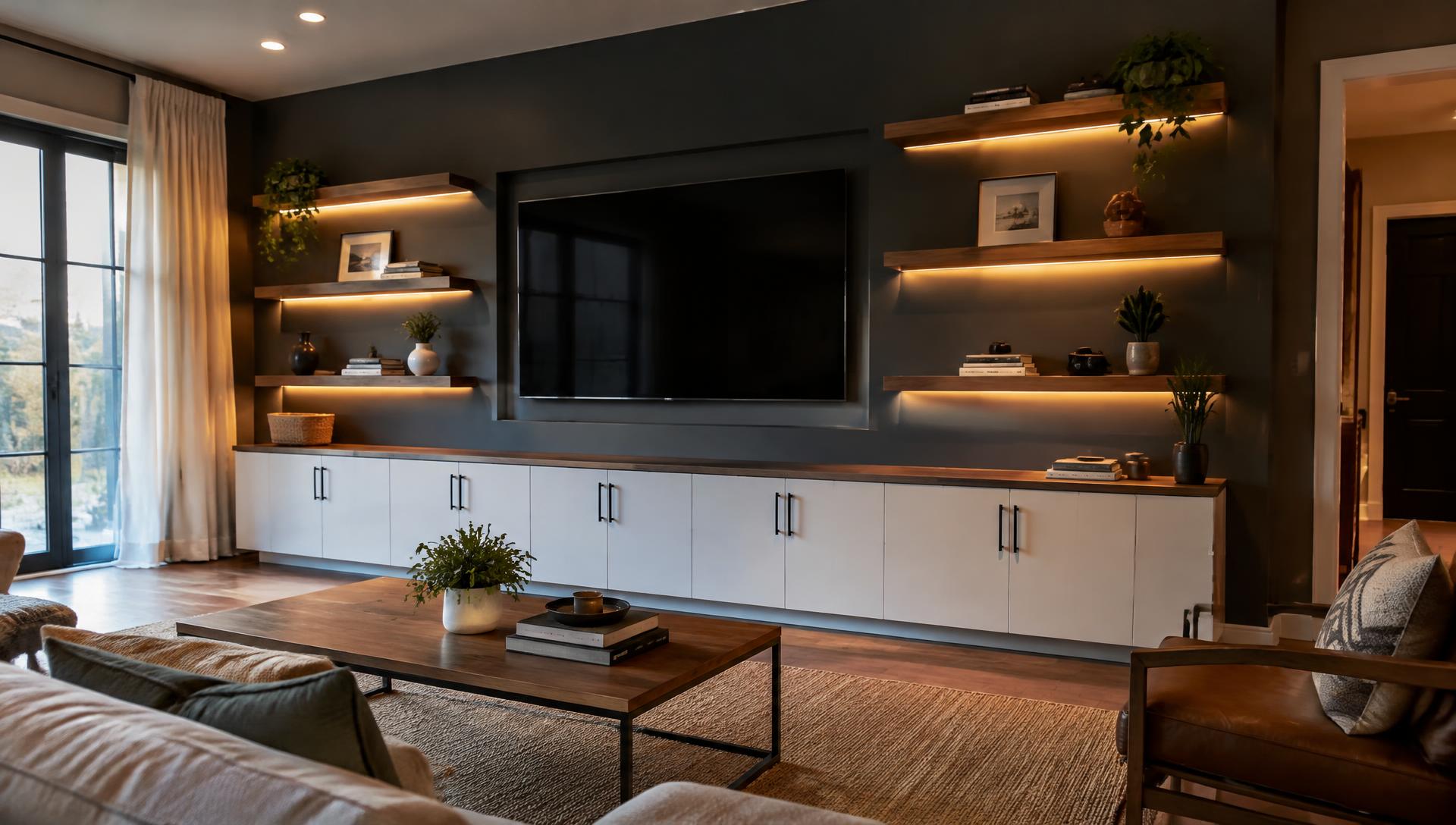 Finished custom media wall with lit floating shelves and white cabinetry