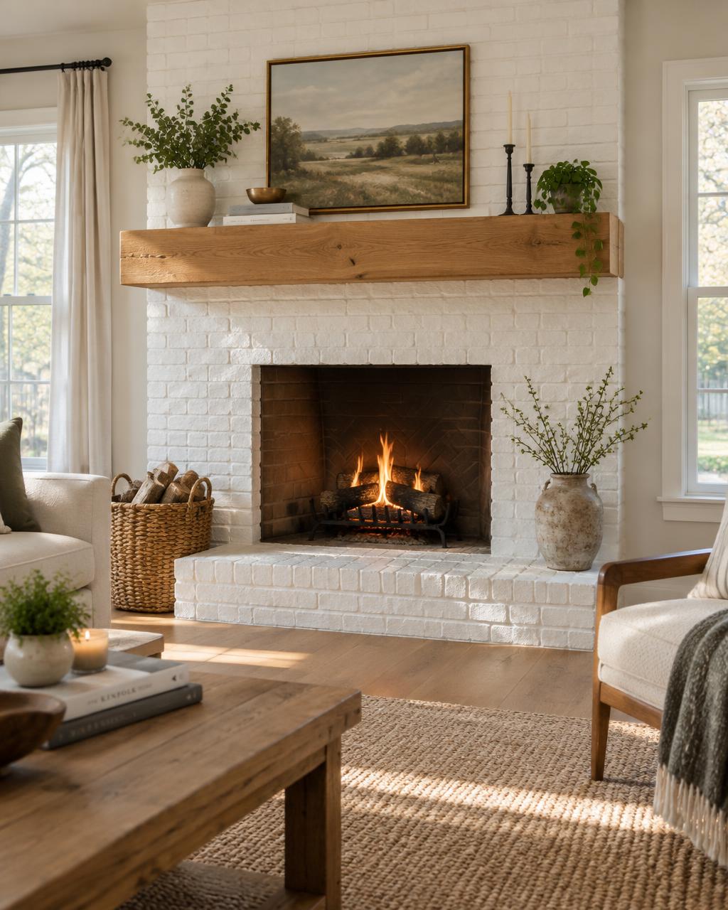 White oak beam mantel on a white painted brick fireplace