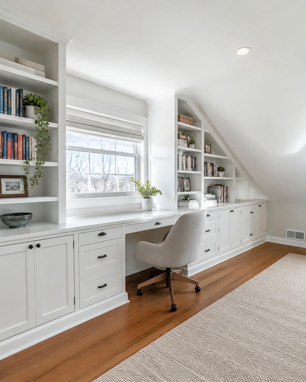 White built-in desk and bookcases following a sloped attic ceiling