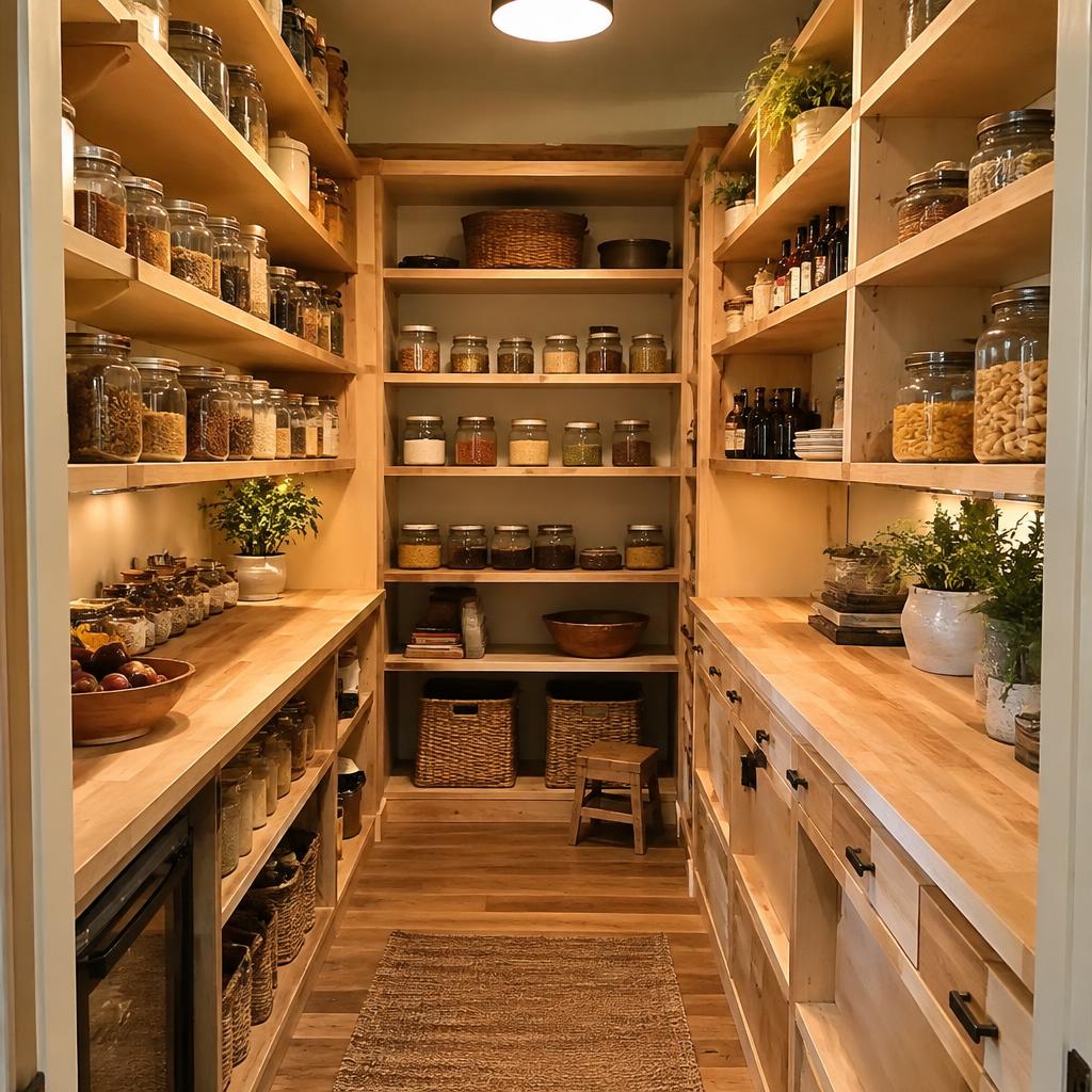 Walk-in pantry lined with natural wood shelves and butcher block counters